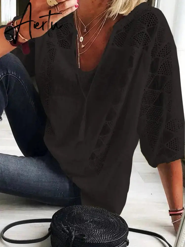 Women Blouse V-Neck Three Quarter Sleeve Casual Tops Hollow Out Loose Ladies Shirt Lace-up Office Work Wear Summer Blouse Aiertu