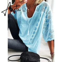 Women Blouse V-Neck Three Quarter Sleeve Casual Tops Hollow Out Loose Ladies Shirt Lace-up Office Work Wear Summer Blouse Aiertu