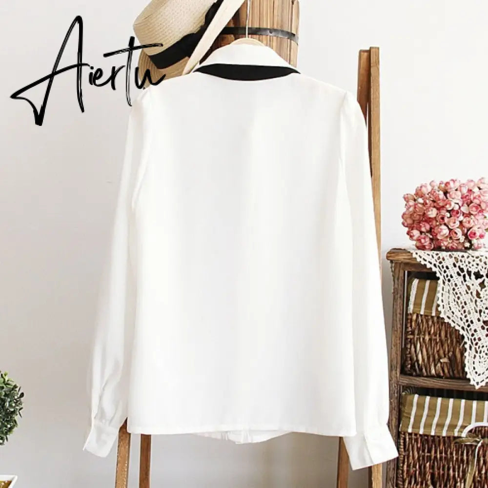 Women Blouses Elegant Chiffon Shirt Black Bow Tie Peter pan Collar Casual Shirt Ladies Tops School Style Girl Blouse 2 style Aiertu