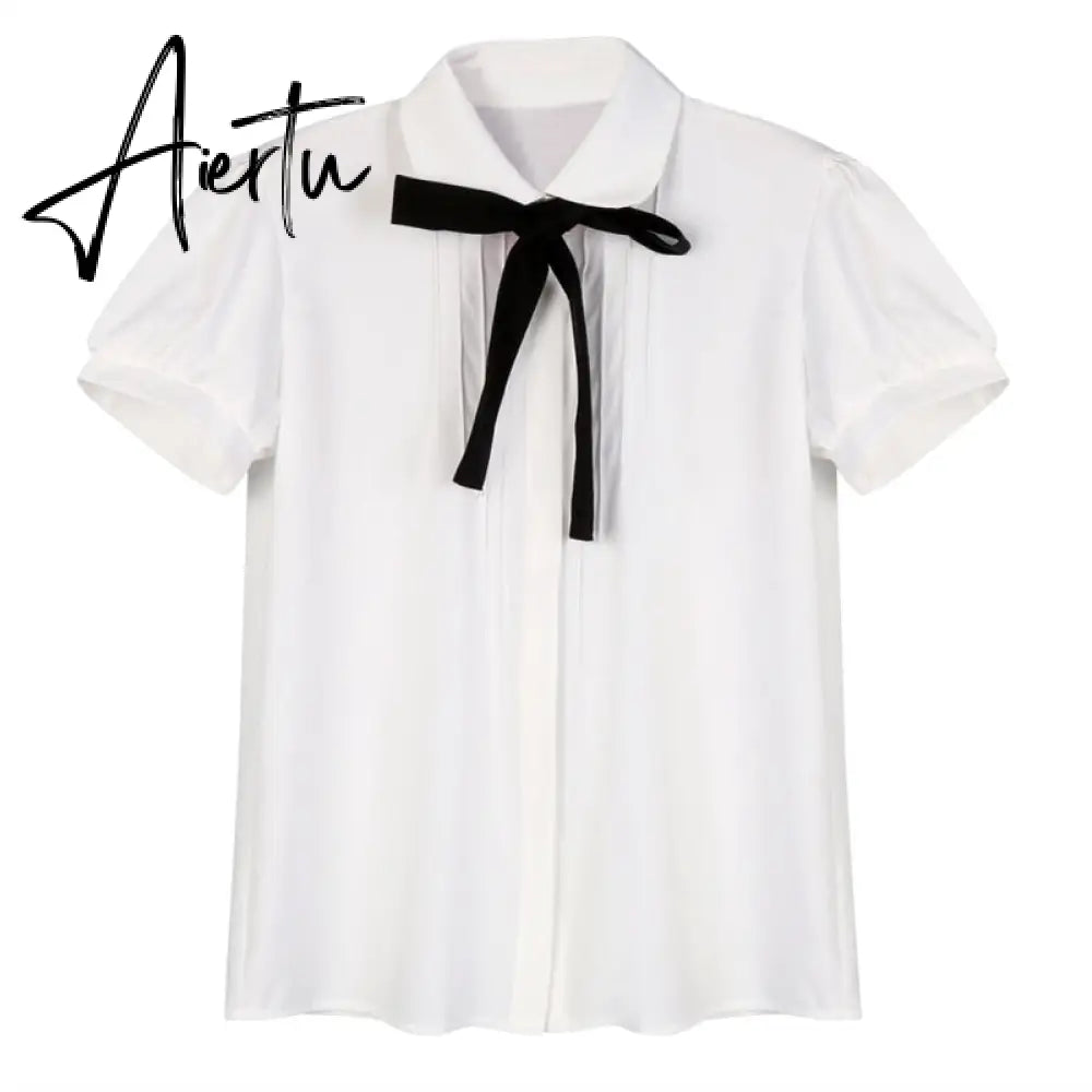 Women Blouses Elegant Chiffon Shirt Black Bow Tie Peter pan Collar Casual Shirt Ladies Tops School Style Girl Blouse 2 style Aiertu