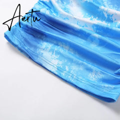 Women Bodycon Dresses Midi Elastic Summer Lady Long Sleeve Dress Pleated Printed Evening Sexy Party Female Clothing Aiertu
