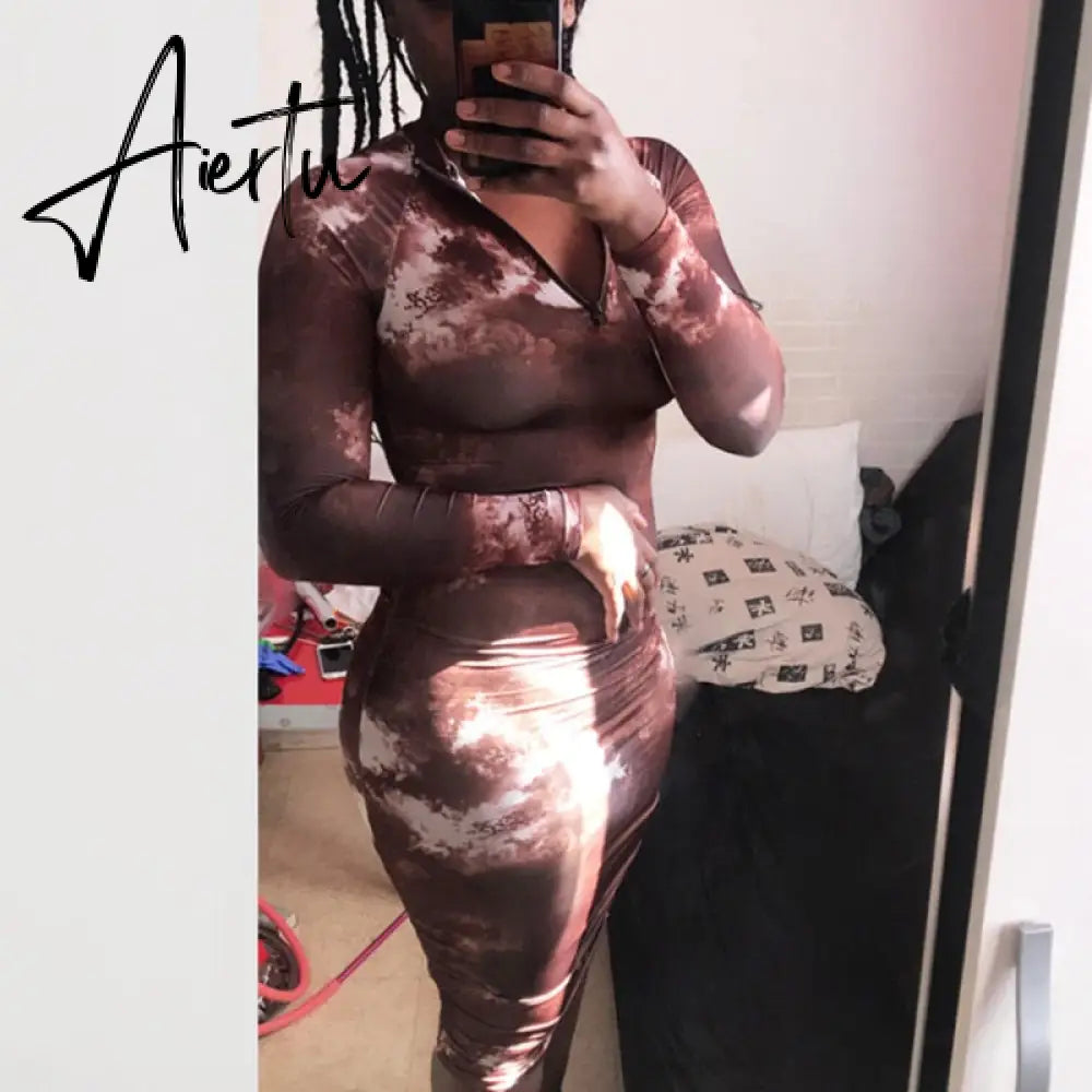 Women Bodycon Dresses Midi Elastic Summer Lady Long Sleeve Dress Pleated Printed Evening Sexy Party Female Clothing Aiertu