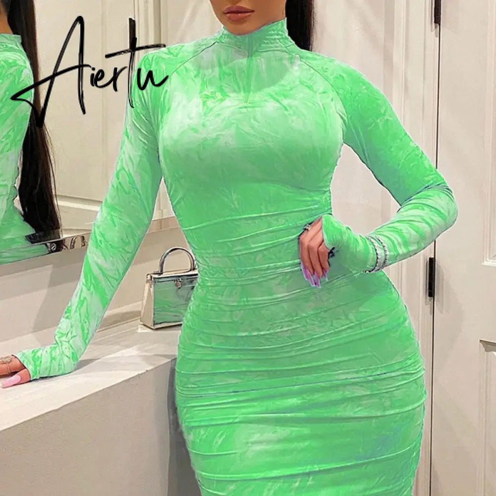Women Bodycon Dresses Midi Elastic Summer Lady Long Sleeve Dress Pleated Printed Evening Sexy Party Female Clothing Aiertu