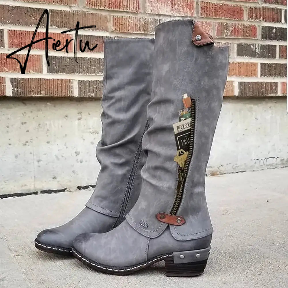 Women Boots Winter Western Punk Boots Winter Warm Shoes Side Zipper Cowboy Boots Ladies Booties Aiertu