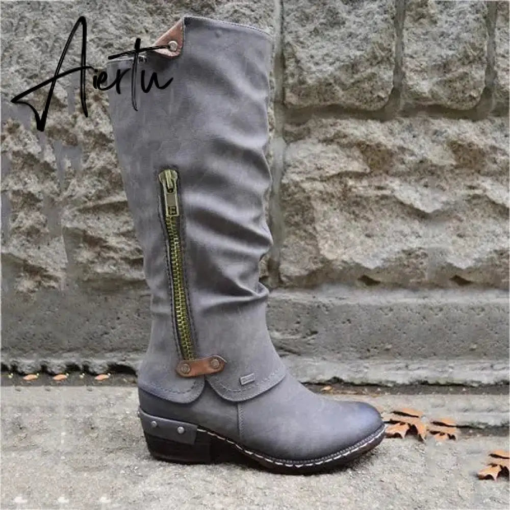 Women Boots Winter Western Punk Boots Winter Warm Shoes Side Zipper Cowboy Boots Ladies Booties Aiertu