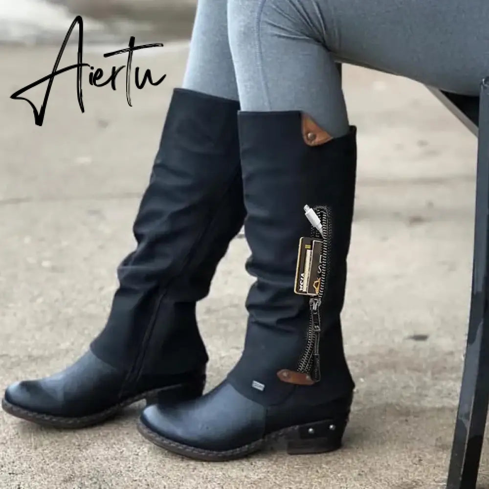 Women Boots Winter Western Punk Boots Winter Warm Shoes Side Zipper Cowboy Boots Ladies Booties Aiertu