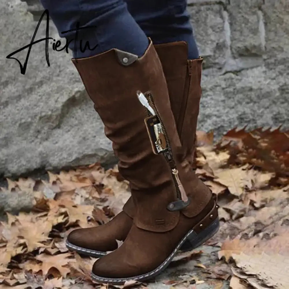 Women Boots Winter Western Punk Boots Winter Warm Shoes Side Zipper Cowboy Boots Ladies Booties Aiertu