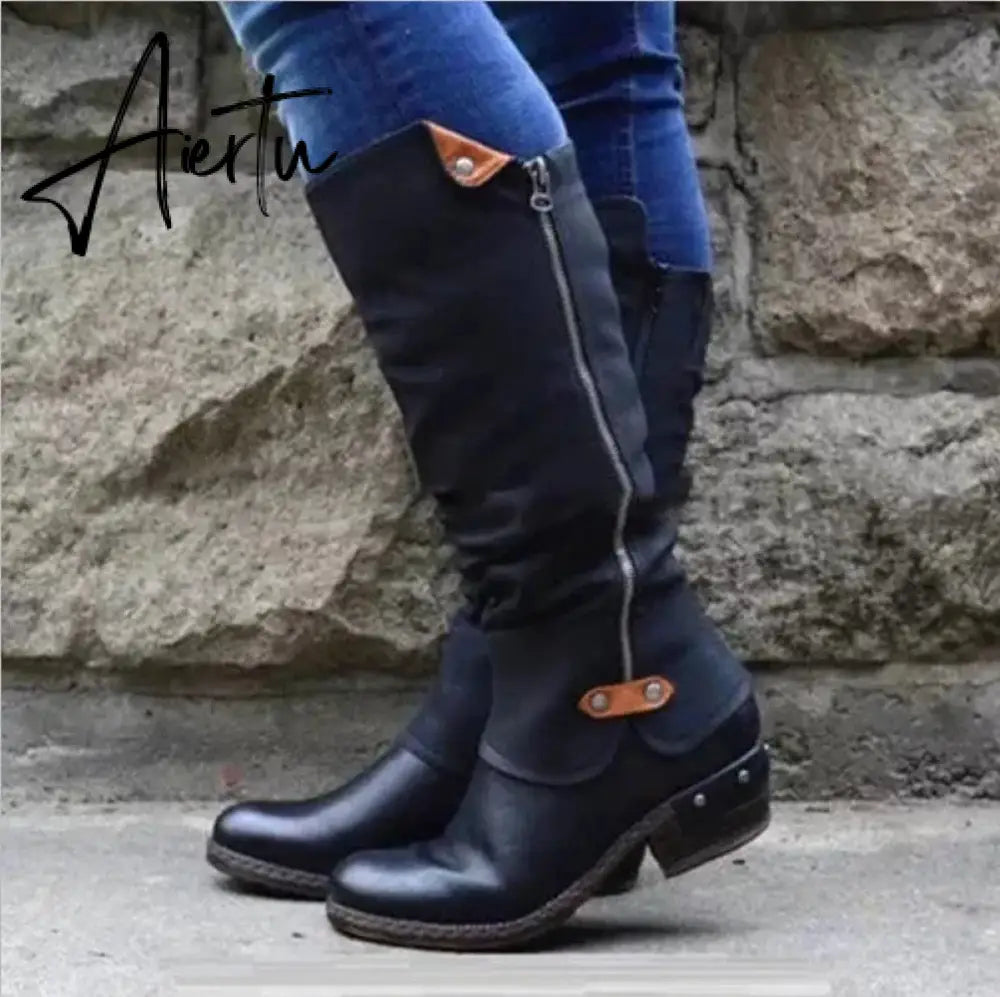 Women Boots Winter Western Punk Boots Winter Warm Shoes Side Zipper Cowboy Boots Ladies Booties Aiertu