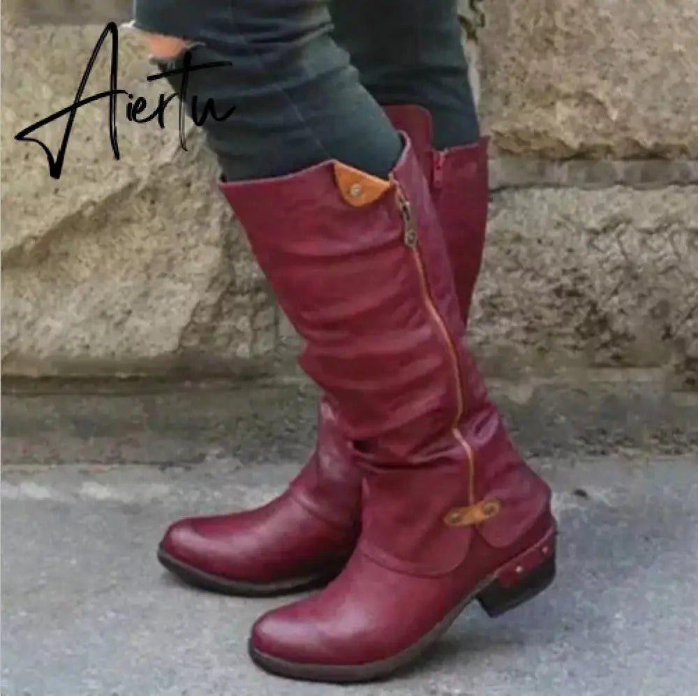 Women Boots Winter Western Punk Boots Winter Warm Shoes Side Zipper Cowboy Boots Ladies Booties Aiertu