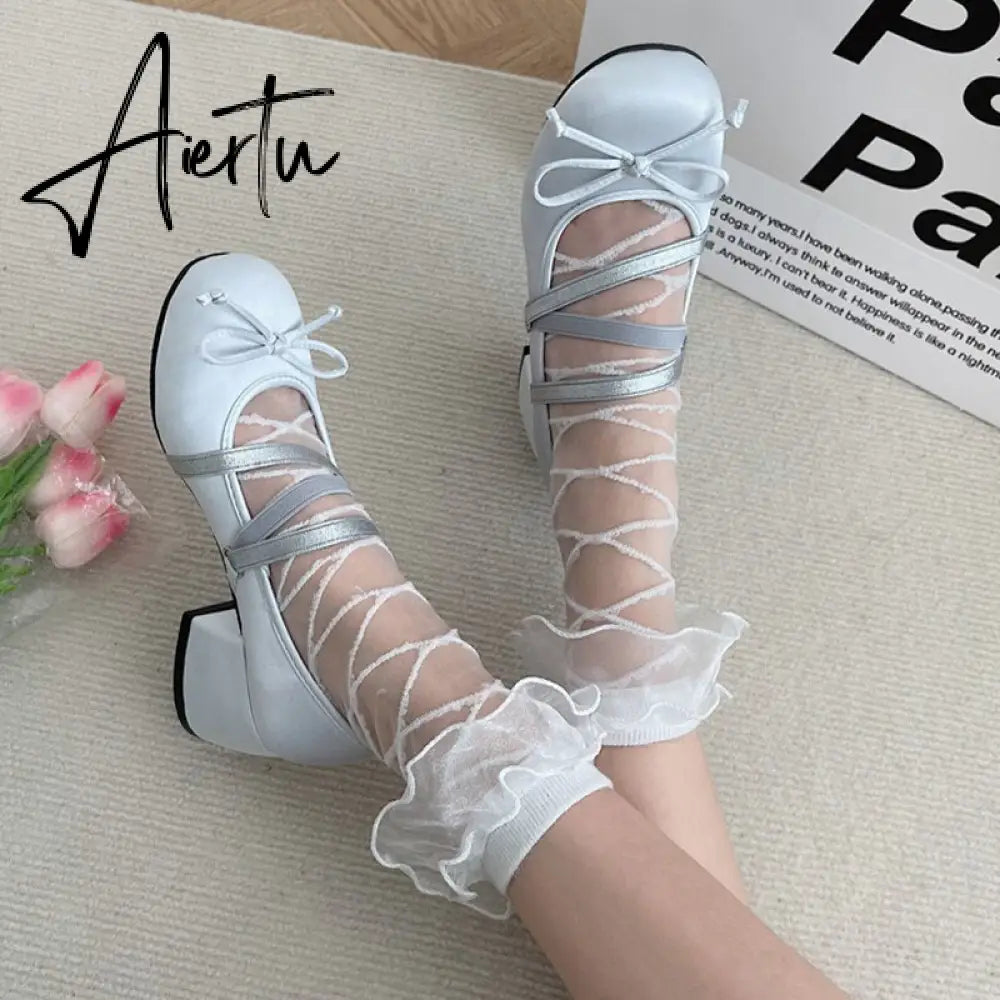 Women Bow Marie Jane Lolita Shoes Chunky Sandals Summer New Designer Retro High Heels Shoes Sweet Sexy Dress Pumps Zapatos Aiertu