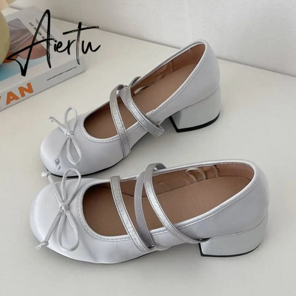 Women Bow Marie Jane Lolita Shoes Chunky Sandals Summer New Designer Retro High Heels Shoes Sweet Sexy Dress Pumps Zapatos Aiertu