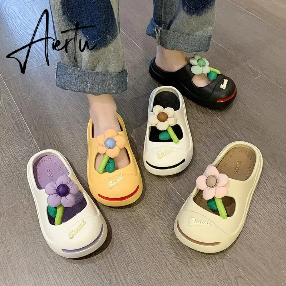 Women Candy Color Flower New Slippers Summer Thick Sole Outdoor Cute Hollow Breathable Fashion Leisure Shoes Women Slippers Aiertu