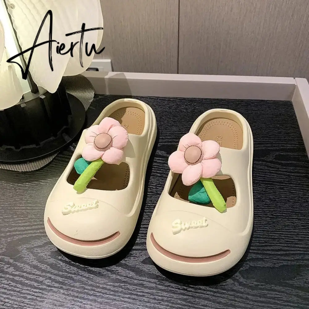 Women Candy Color Flower New Slippers Summer Thick Sole Outdoor Cute Hollow Breathable Fashion Leisure Shoes Women Slippers Aiertu