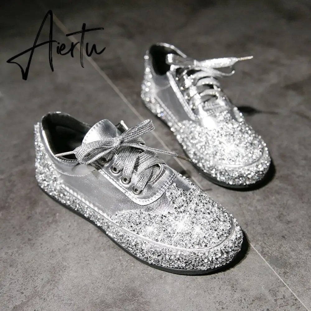 Women Casual Shoes Sequin Jelly Color Crystal Silver Shoes Flat Sneakers Spring Fashion Trend Comfortable Vulcanized Sneakers Aiertu