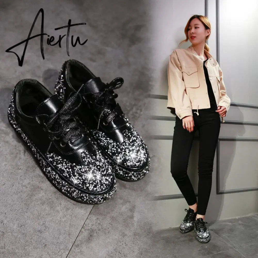Women Casual Shoes Sequin Jelly Color Crystal Silver Shoes Flat Sneakers Spring Fashion Trend Comfortable Vulcanized Sneakers Aiertu