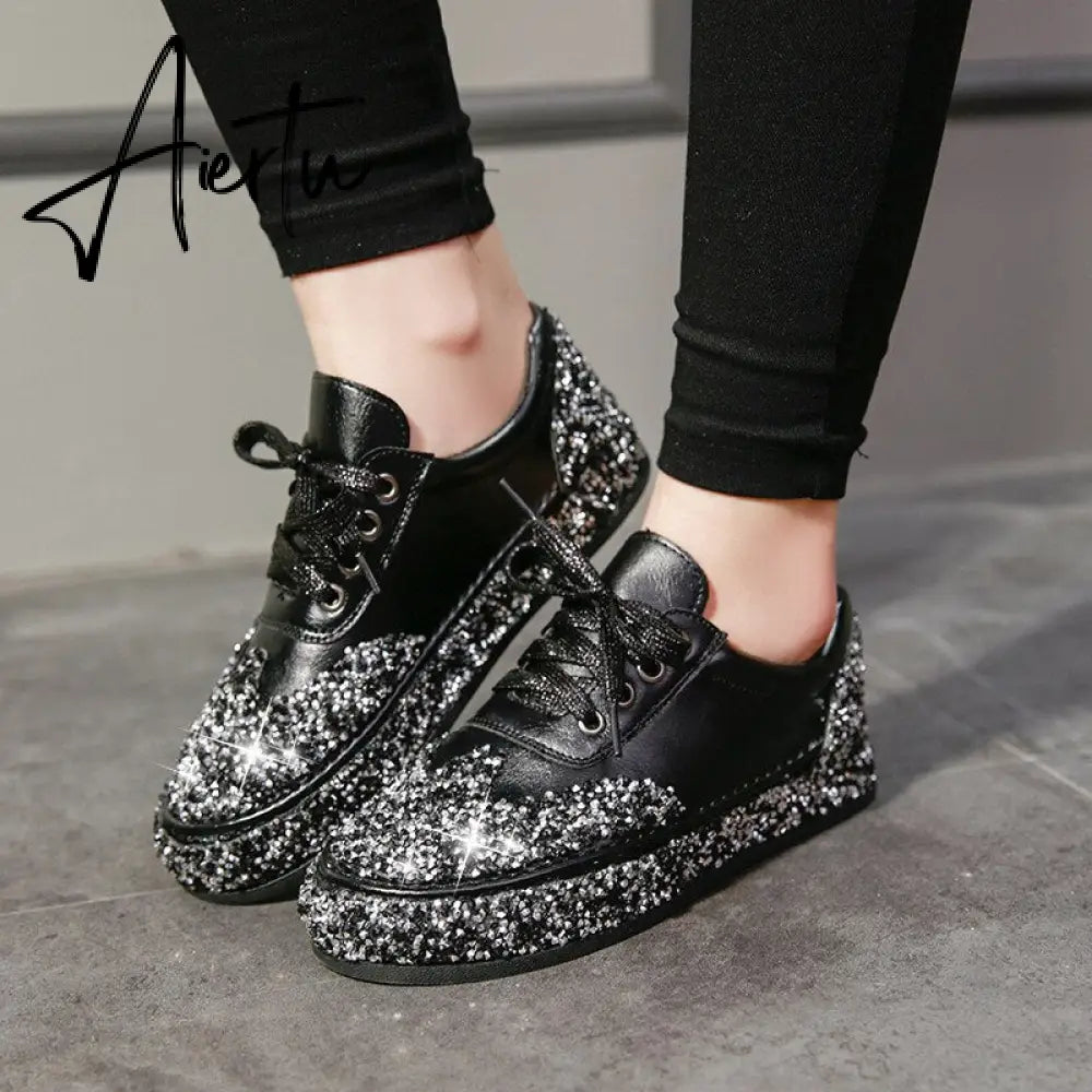 Women Casual Shoes Sequin Jelly Color Crystal Silver Shoes Flat Sneakers Spring Fashion Trend Comfortable Vulcanized Sneakers Aiertu
