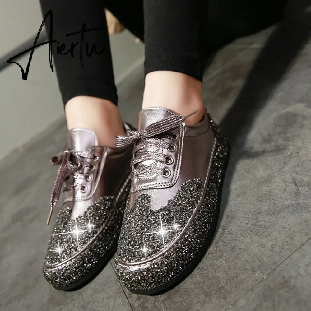 Women Casual Shoes Sequin Jelly Color Crystal Silver Shoes Flat Sneakers Spring Fashion Trend Comfortable Vulcanized Sneakers Aiertu