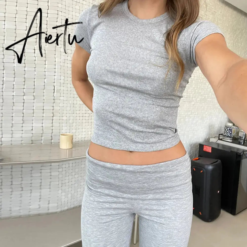 Women Casual Slim Fit 2 Piece Set Short Sleeve Crop Tops + Pants Elegant Matching Suit Vintage Y2K Rib Knitted T-shirt Outfits Aiertu