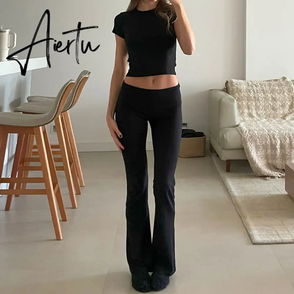 Women Casual Slim Fit 2 Piece Set Short Sleeve Crop Tops + Pants Elegant Matching Suit Vintage Y2K Rib Knitted T-shirt Outfits Aiertu