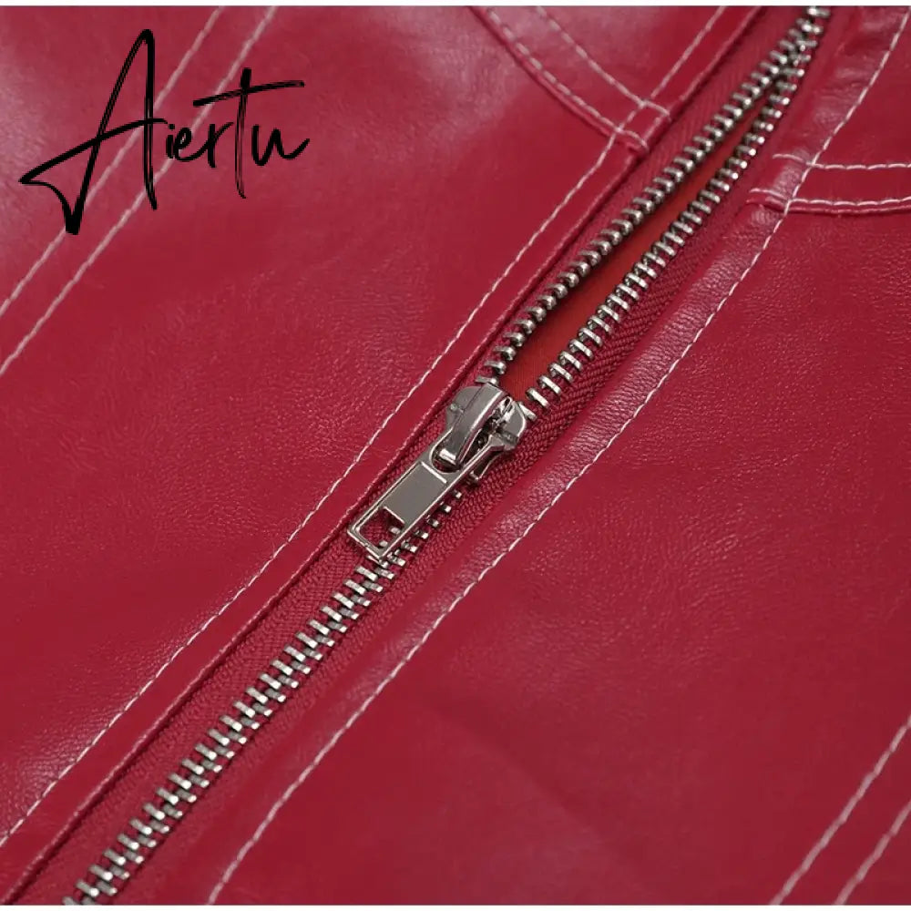 Aiertu Women Chic Contrast Stitching Red Jacket Fashion Lapel Long Sleeve Zippered Leather Coat Autumn Female Elegant Streetwear Aiertu