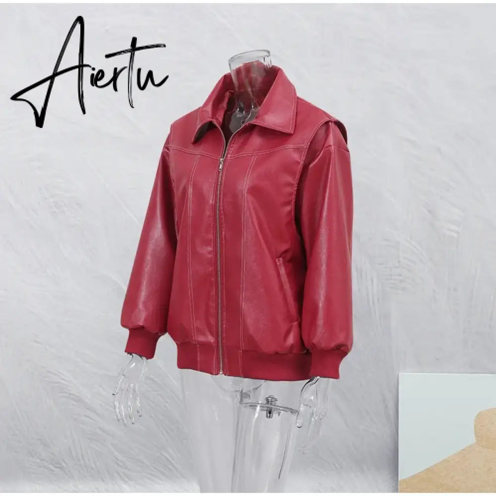 Aiertu Women Chic Contrast Stitching Red Jacket Fashion Lapel Long Sleeve Zippered Leather Coat Autumn Female Elegant Streetwear Aiertu