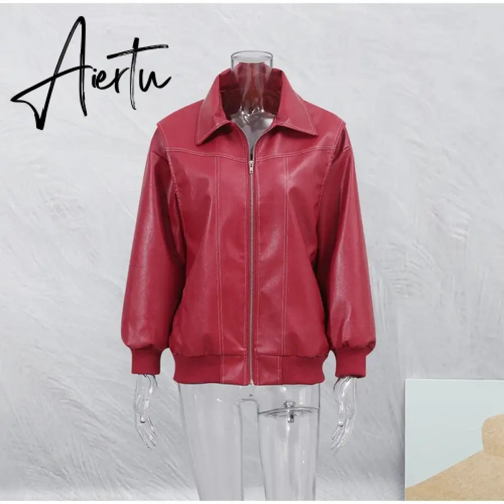 Aiertu Women Chic Contrast Stitching Red Jacket Fashion Lapel Long Sleeve Zippered Leather Coat Autumn Female Elegant Streetwear Aiertu