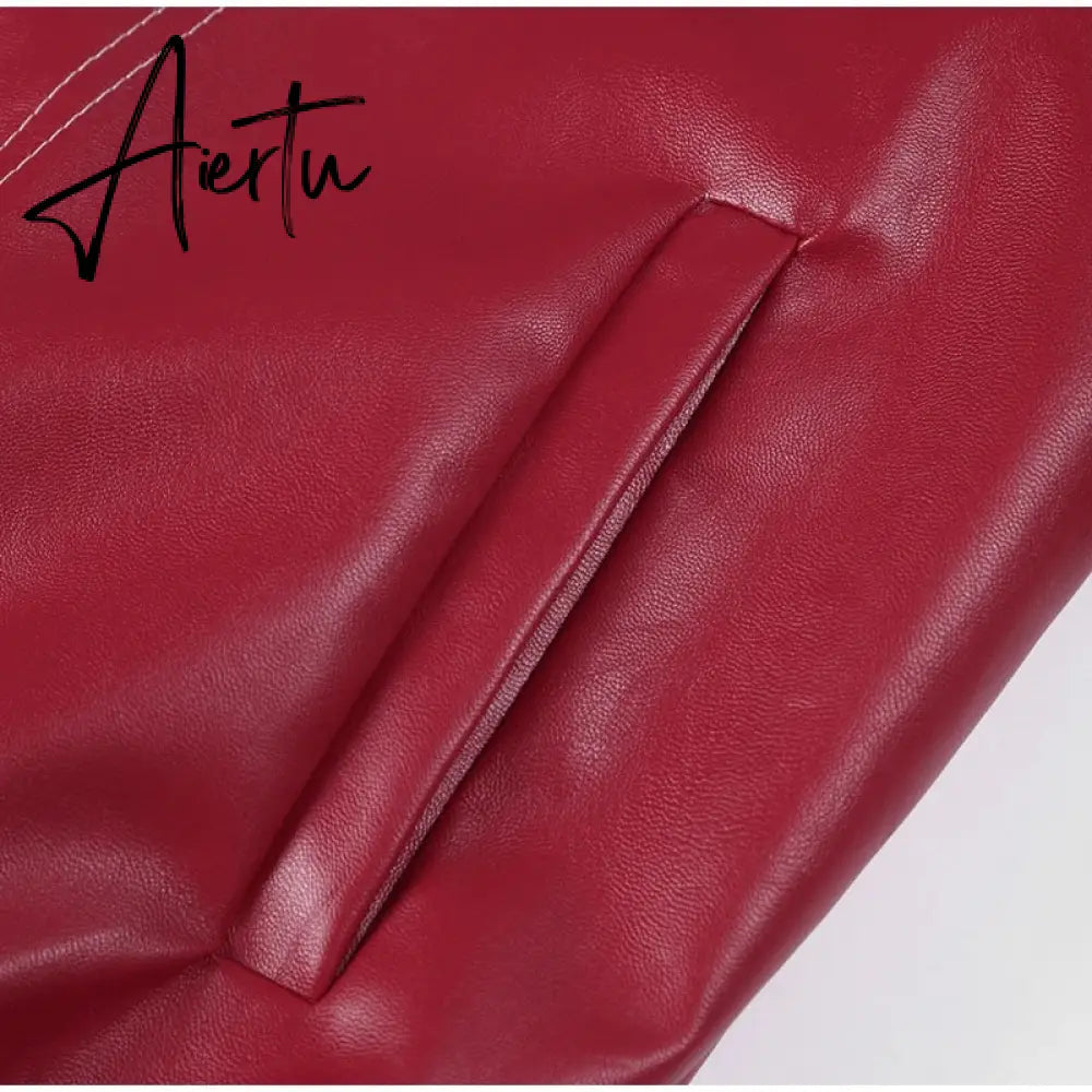 Aiertu Women Chic Contrast Stitching Red Jacket Fashion Lapel Long Sleeve Zippered Leather Coat Autumn Female Elegant Streetwear Aiertu