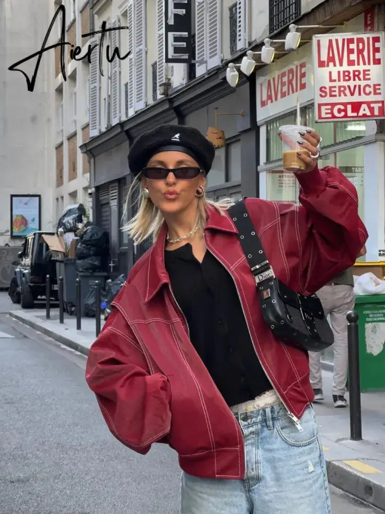 Aiertu Women Chic Contrast Stitching Red Jacket Fashion Lapel Long Sleeve Zippered Leather Coat Autumn Female Elegant Streetwear Aiertu
