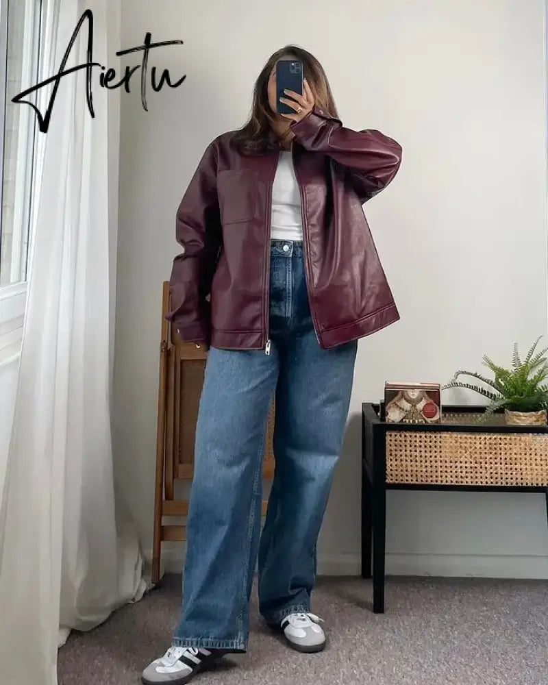 Aiertu Women Chic Contrast Stitching Red Jacket Fashion Lapel Long Sleeve Zippered Leather Coat Autumn Female Elegant Streetwear Aiertu