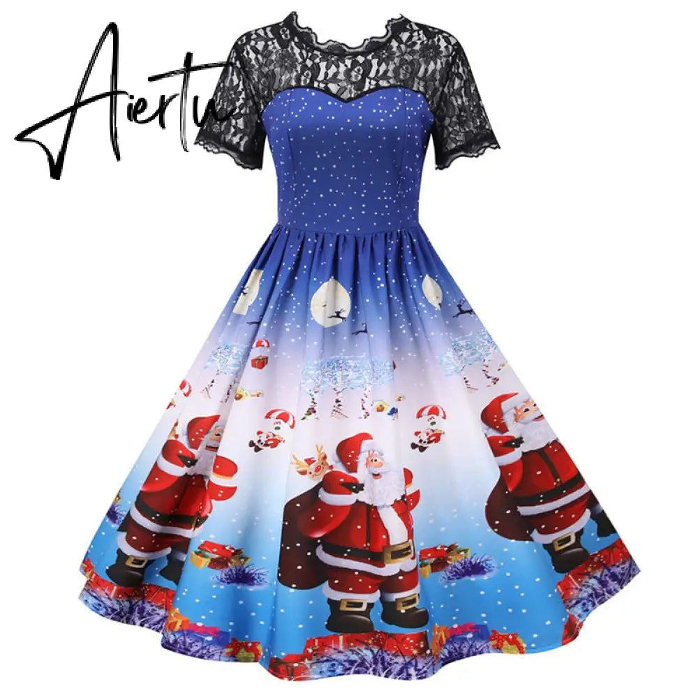 Women Christmas Dress Short Sleeve Lace Sexy Evening Party Dresses Tunic 50s Hepburn Elegant Sundress Aiertu