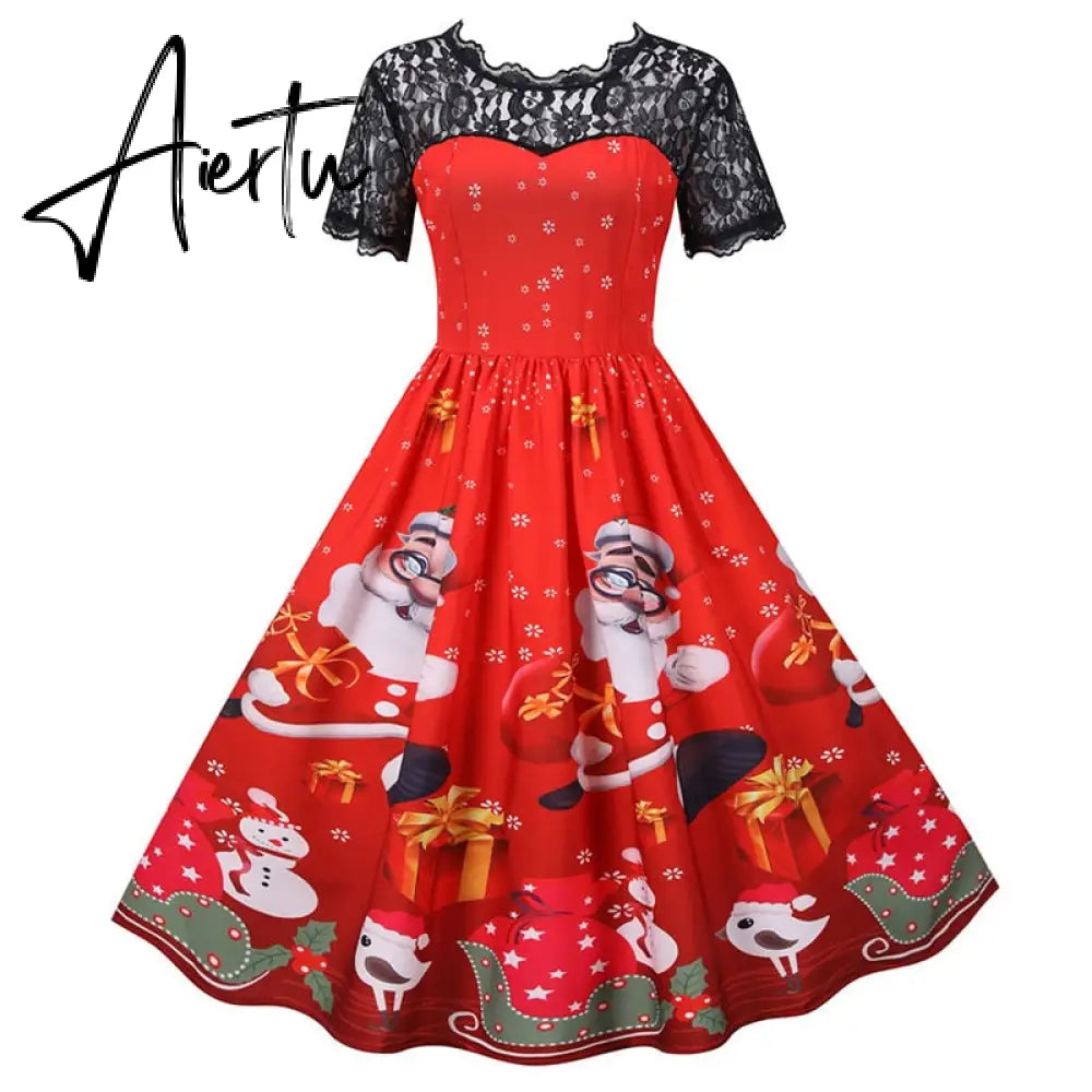 Women Christmas Dress Short Sleeve Lace Sexy Evening Party Dresses Tunic 50s Hepburn Elegant Sundress Aiertu