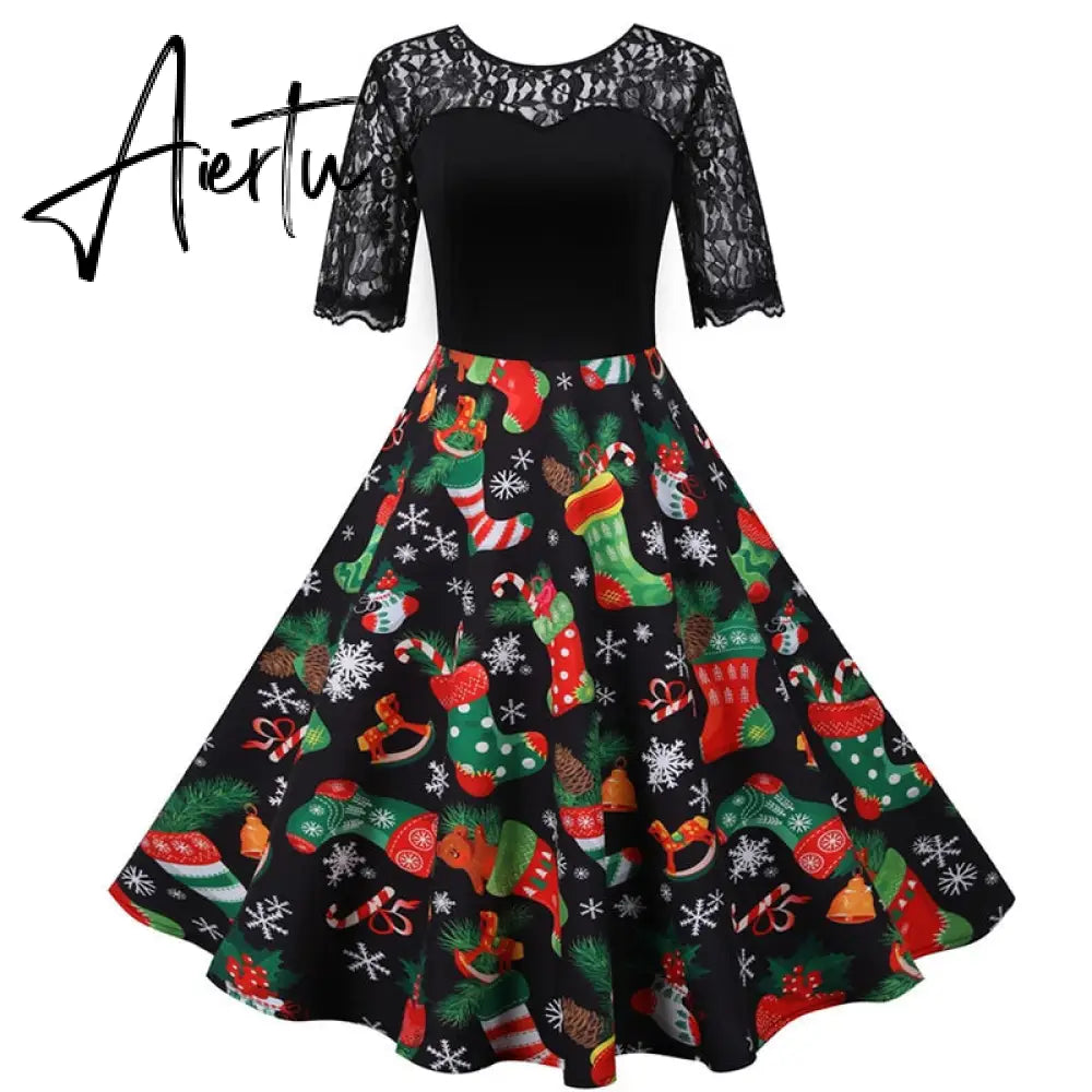 Women Christmas Dress Short Sleeve Lace Sexy Evening Party Dresses Tunic 50s Hepburn Elegant Sundress Aiertu