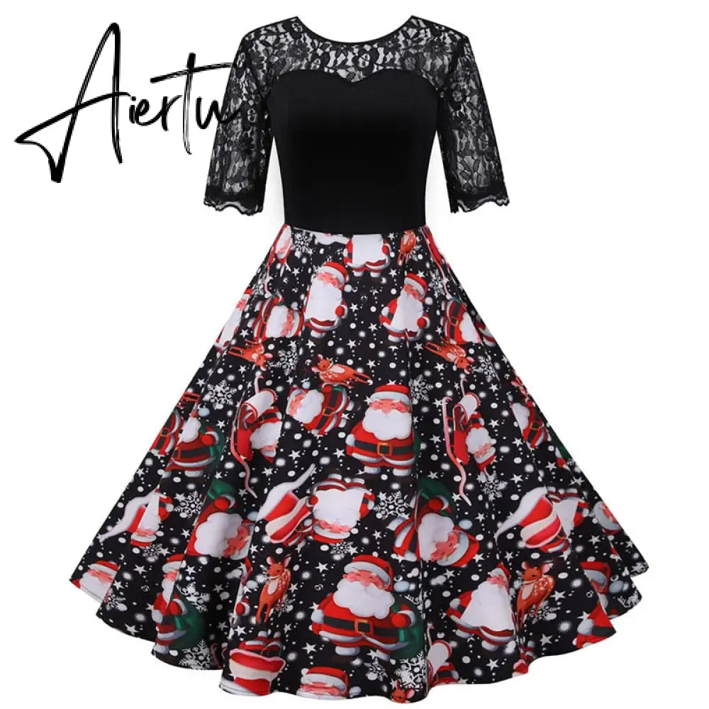 Women Christmas Dress Short Sleeve Lace Sexy Evening Party Dresses Tunic 50s Hepburn Elegant Sundress Aiertu
