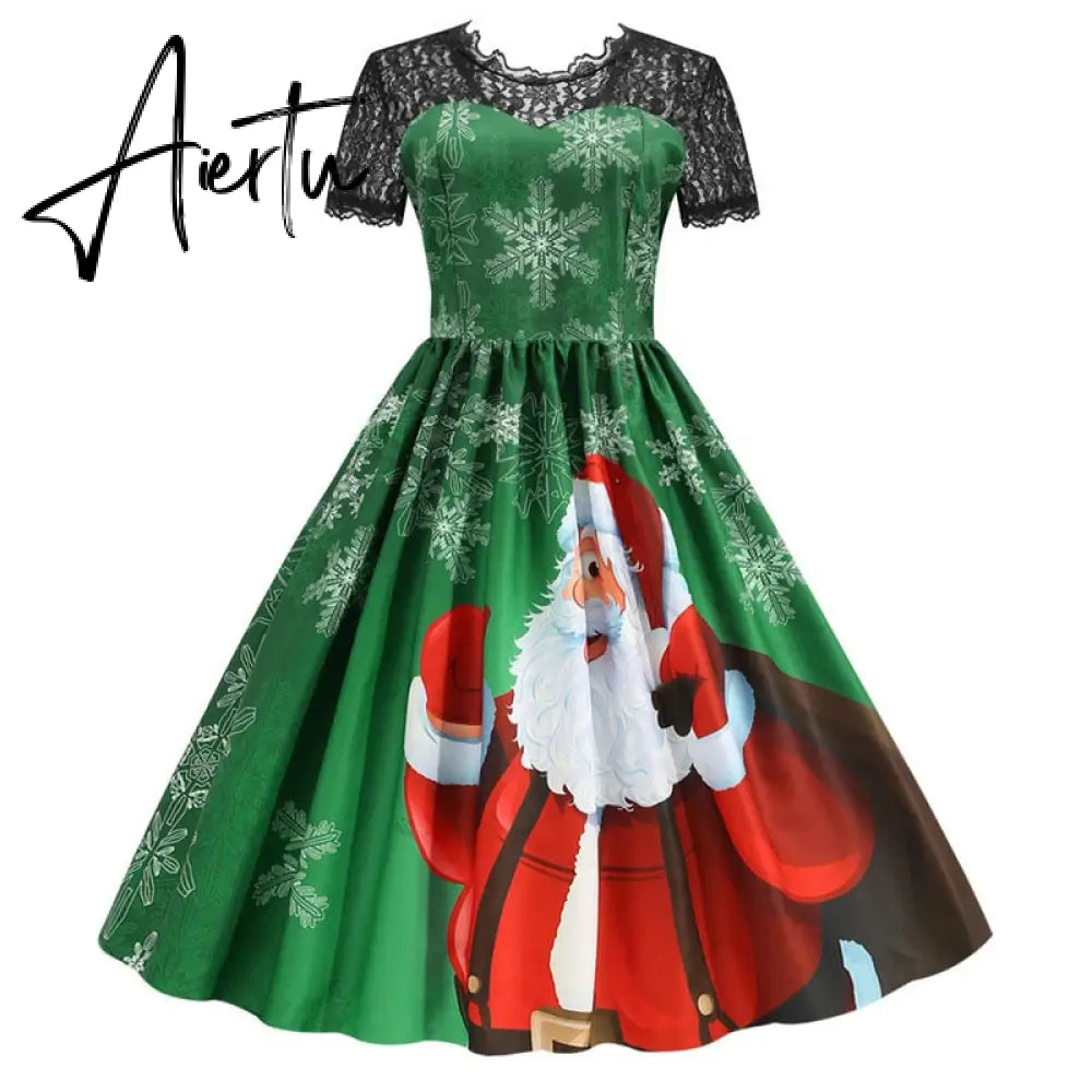 Women Christmas Dress Short Sleeve Lace Sexy Evening Party Dresses Tunic 50s Hepburn Elegant Sundress Aiertu