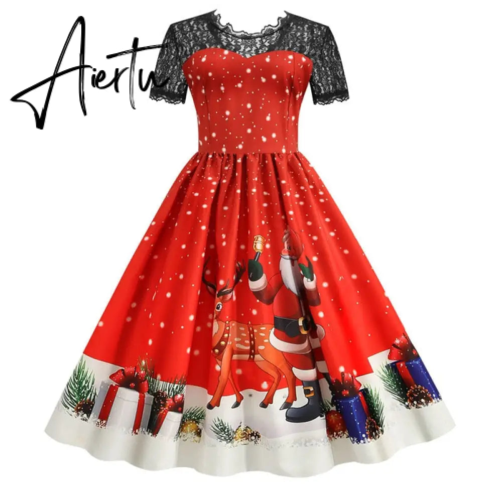 Women Christmas Dress Short Sleeve Lace Sexy Evening Party Dresses Tunic 50s Hepburn Elegant Sundress Aiertu