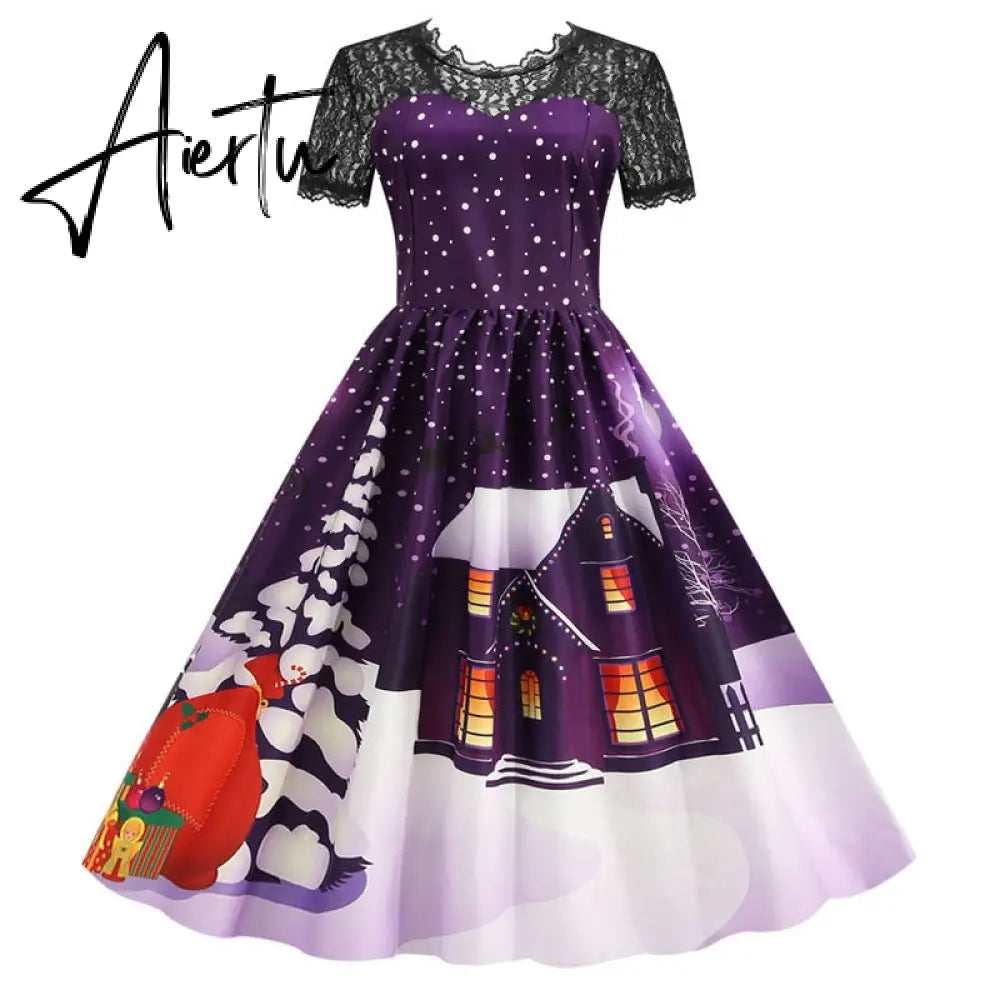 Women Christmas Dress Short Sleeve Lace Sexy Evening Party Dresses Tunic 50s Hepburn Elegant Sundress Aiertu