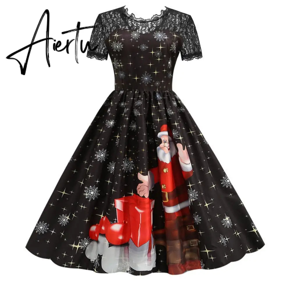Women Christmas Dress Short Sleeve Lace Sexy Evening Party Dresses Tunic 50s Hepburn Elegant Sundress Aiertu