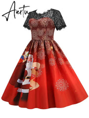 Women Christmas Dress Short Sleeve Lace Sexy Evening Party Dresses Tunic 50s Hepburn Elegant Sundress Aiertu