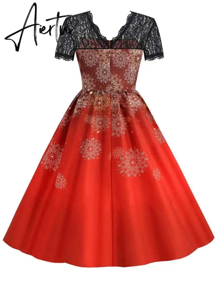 Women Christmas Dress Short Sleeve Lace Sexy Evening Party Dresses Tunic 50s Hepburn Elegant Sundress Aiertu