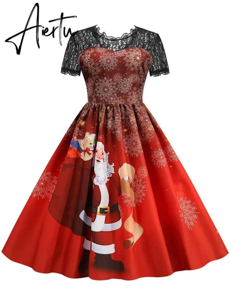Women Christmas Dress Short Sleeve Lace Sexy Evening Party Dresses Tunic 50s Hepburn Elegant Sundress Aiertu