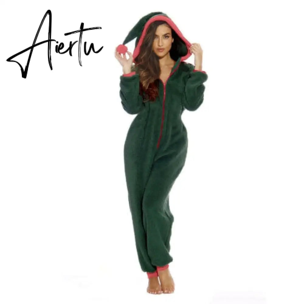 Women Christmas Hooded Pajama Coral Fleece Solid Color Zipper Jumpsuit Lady Winter Thermal Home Sleep Wear Green/Pink/Red Aiertu