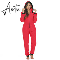 Women Christmas Hooded Pajama Coral Fleece Solid Color Zipper Jumpsuit Lady Winter Thermal Home Sleep Wear Green/Pink/Red Aiertu