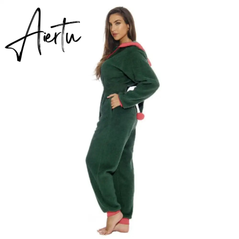 Women Christmas Hooded Pajama Coral Fleece Solid Color Zipper Jumpsuit Lady Winter Thermal Home Sleep Wear Green/Pink/Red Aiertu