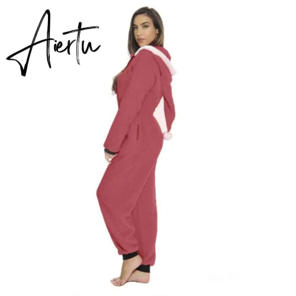 Women Christmas Hooded Pajama Coral Fleece Solid Color Zipper Jumpsuit Lady Winter Thermal Home Sleep Wear Green/Pink/Red Aiertu