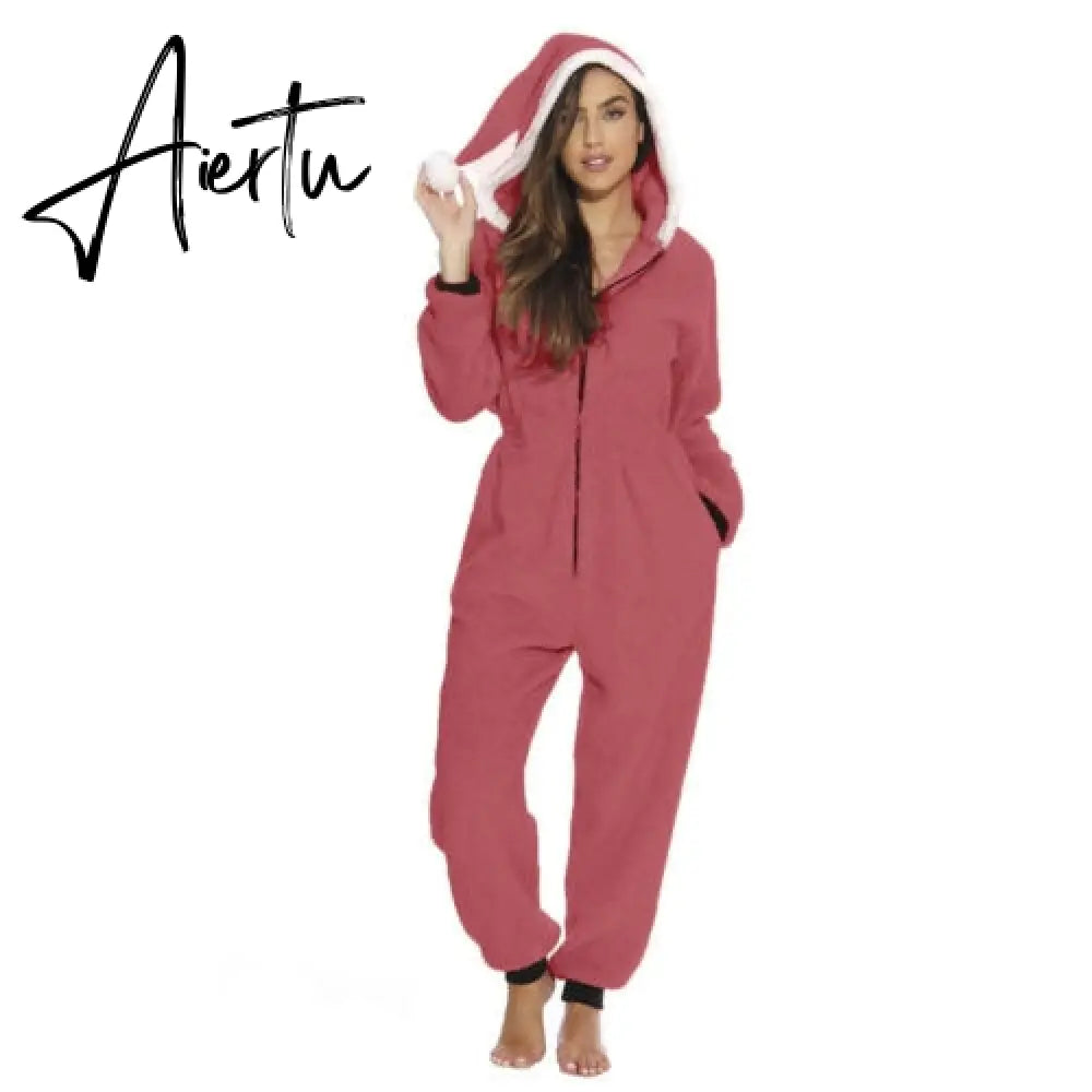 Women Christmas Hooded Pajama Coral Fleece Solid Color Zipper Jumpsuit Lady Winter Thermal Home Sleep Wear Green/Pink/Red Aiertu