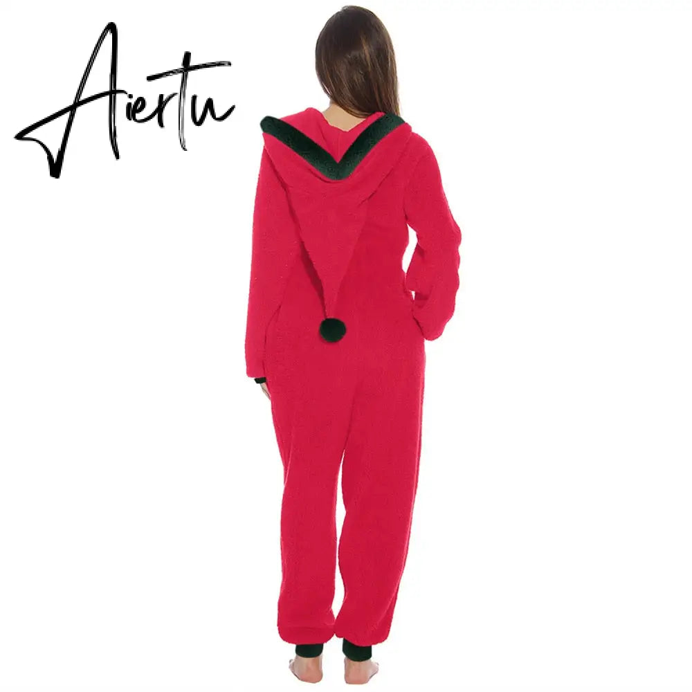 Women Christmas Hooded Pajama Coral Fleece Solid Color Zipper Jumpsuit Lady Winter Thermal Home Sleep Wear Green/Pink/Red Aiertu