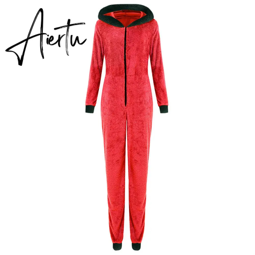 Women Christmas Hooded Pajama Coral Fleece Solid Color Zipper Jumpsuit Lady Winter Thermal Home Sleep Wear Green/Pink/Red Aiertu