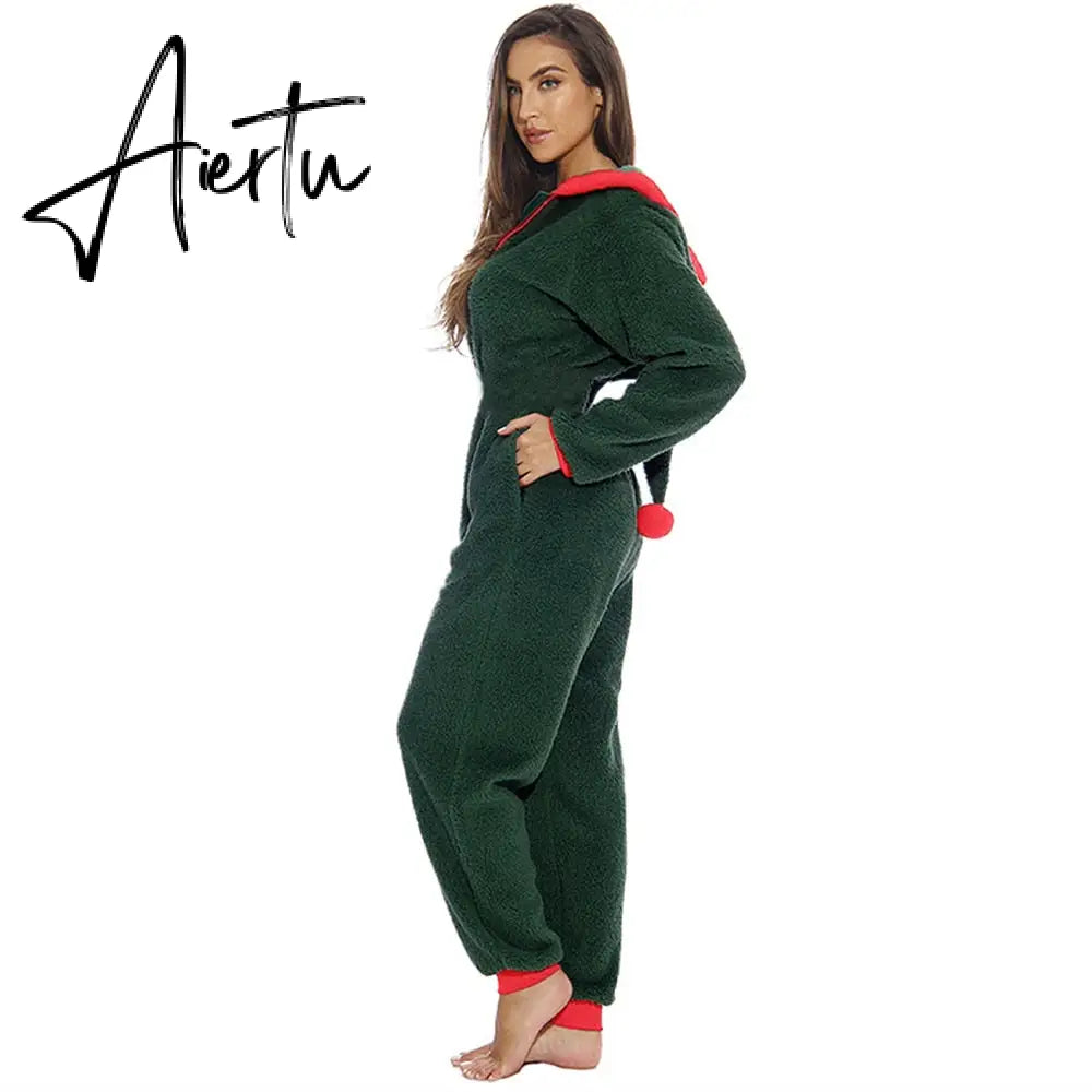 Women Christmas Hooded Pajama Coral Fleece Solid Color Zipper Jumpsuit Lady Winter Thermal Home Sleep Wear Green/Pink/Red Aiertu
