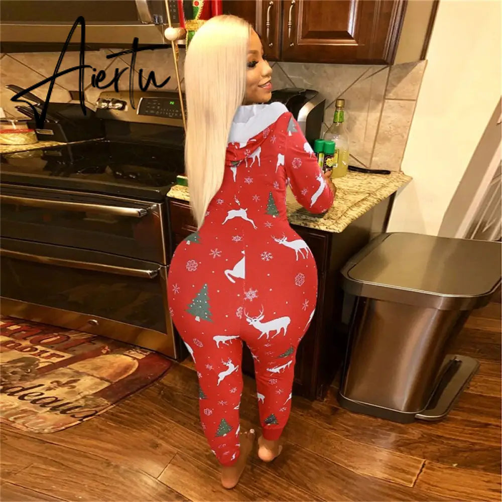 Women Christmas Printed Pattern Jumpsuit Long Sleeve Zipper Closure Hooded Overalls Winter Sleep Home Wear Clothes Red/ Green Aiertu