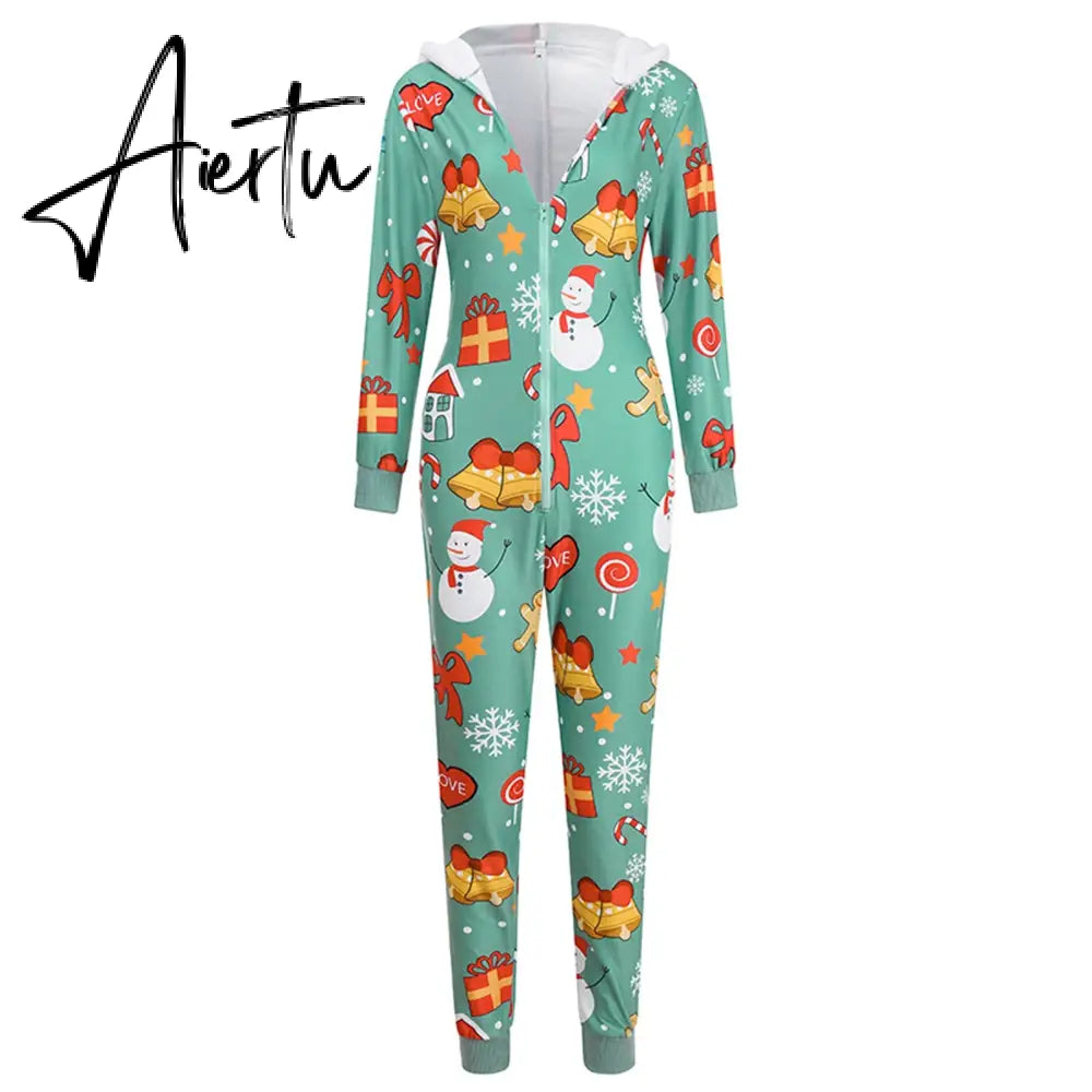 Women Christmas Printed Pattern Jumpsuit Long Sleeve Zipper Closure Hooded Overalls Winter Sleep Home Wear Clothes Red/ Green Aiertu